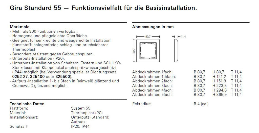 GIRA 021103 Abdeckrahmen 1fach Standard 55 Reinweiß glänzend