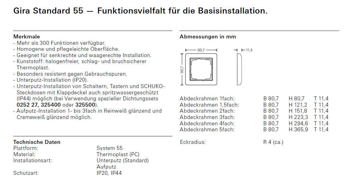 GIRA 021103 Abdeckrahmen 1fach Standard 55 Reinweiß glänzend